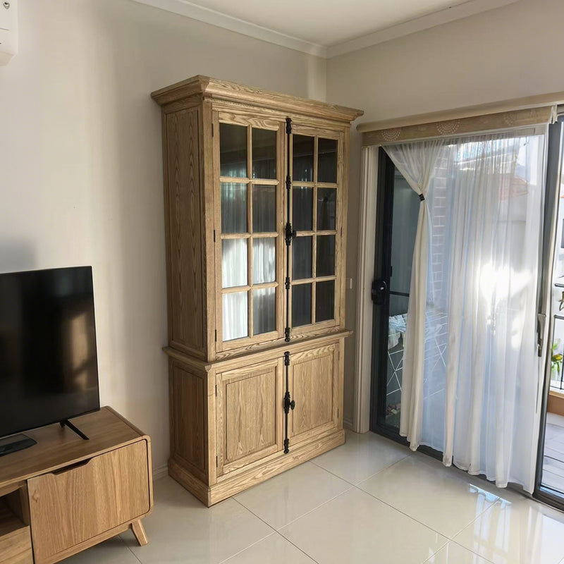 French Provincial Casement Double Glass Door Display Buffet and Hutch Cabinet Bookcase