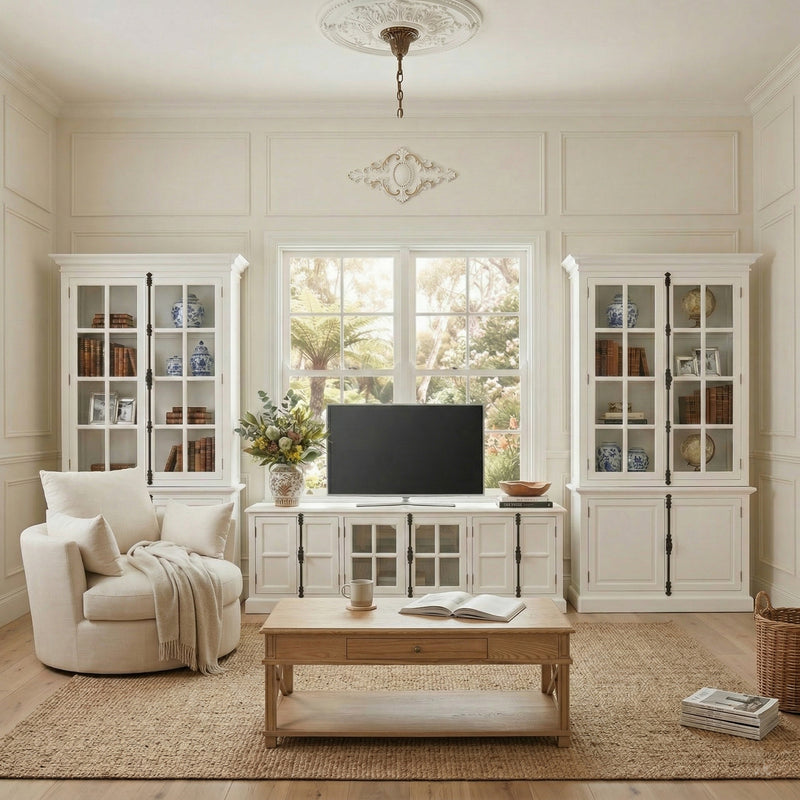 French Provincial Collection 3-Piece Wall Unit Set: A 200cm TV Unit & Twin Glass Display Cabinet Towers