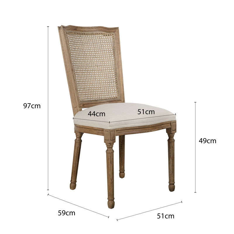 Set of 2 French Provincial / Hamptons Classic Oak Dining Chair with Natural Rattan Cane Back & Beige White Cushion