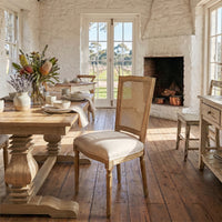 Set of 2 French Provincial / Hamptons Classic Oak Dining Chair with Natural Rattan Cane Back & Beige White Cushion