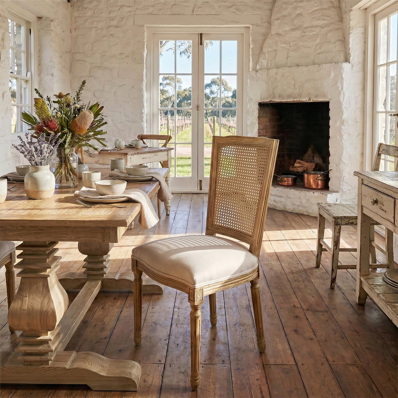 Set of 2 French Provincial / Hamptons Classic Oak Dining Chair with Natural Rattan Cane Back & Beige White Cushion