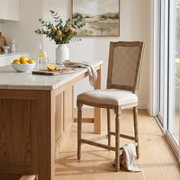 French Provincial / Hamptons Classic Oak Bar Stool with Natural Rattan Cane Back & Beige White Cushion