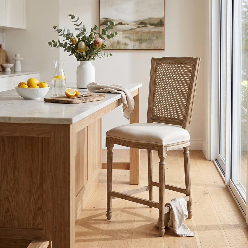 French Provincial / Hamptons Classic Oak Bar Stool with Natural Rattan Cane Back & Beige White Cushion