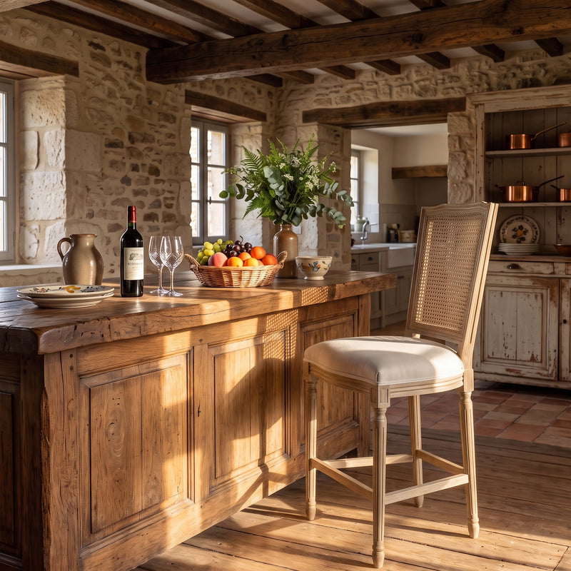French Provincial / Hamptons Classic Oak Bar Stool with Natural Rattan Cane Back & Beige White Cushion