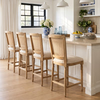 French Provincial / Hamptons Classic Oak Bar Stool with Natural Rattan Cane Back & Beige White Cushion