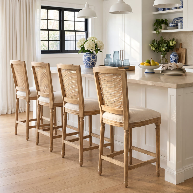 French Provincial / Hamptons Classic Oak Bar Stool with Natural Rattan Cane Back & Beige White Cushion