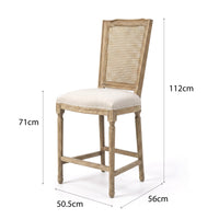 French Provincial / Hamptons Classic Oak Bar Stool with Natural Rattan Cane Back & Beige White Cushion