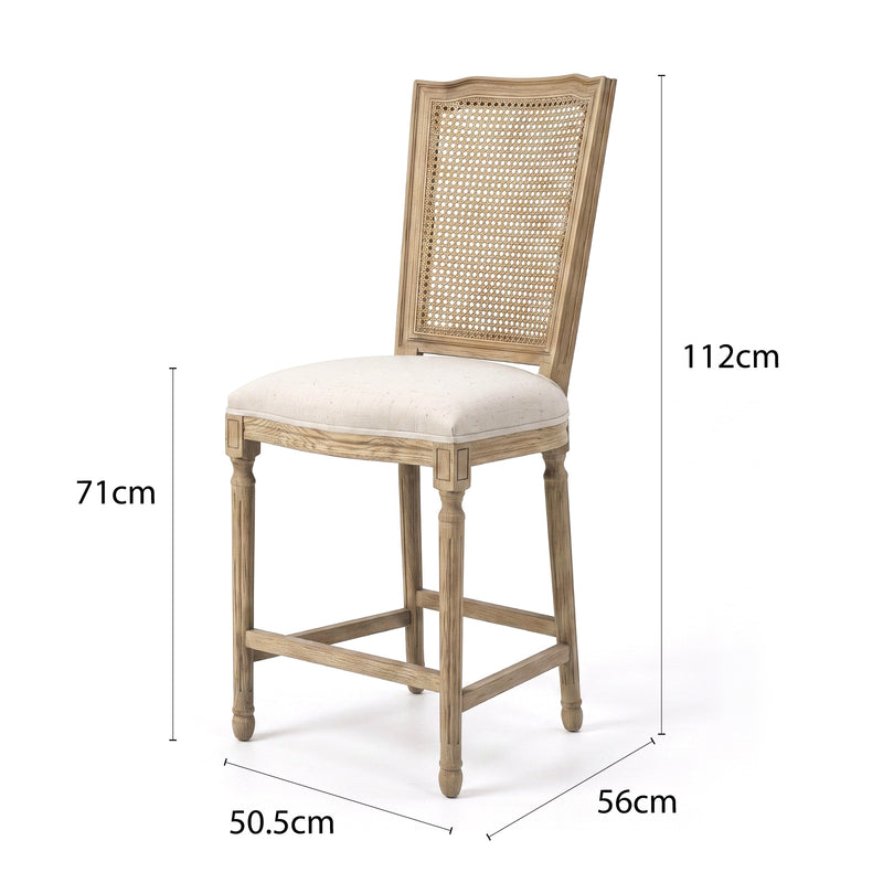 French Provincial / Hamptons Classic Oak Bar Stool with Natural Rattan Cane Back & Beige White Cushion