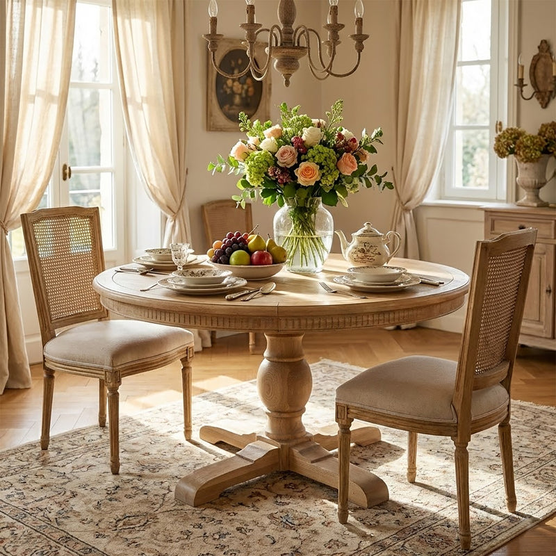 Hamptons Round Dining Table with Dentil Molding in Natural Ash Pedestal Base150cm-190cm