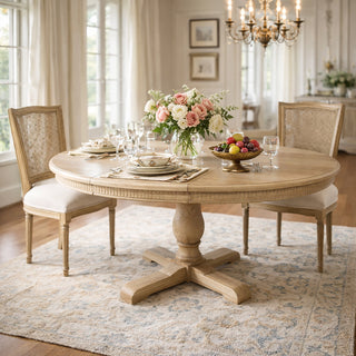 New England Hamptons Round Dining Table with Dentil Molding in Natural Ash Pedestal Base 150cm-190cm