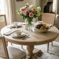 New England Hamptons Round Dining Table with Dentil Molding in Natural Ash Pedestal Base 150cm-190cm