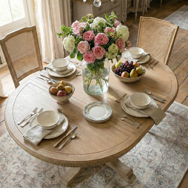 New England Hamptons Round Dining Table with Dentil Molding in Natural Ash Pedestal Base 150cm-190cm