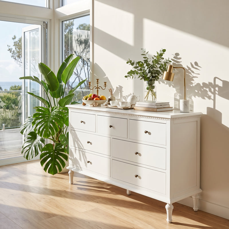 Hamptons Heritage 7 -Drawer Tallboy Dresser with Classic Turned Legs and Dentil Moulding Design