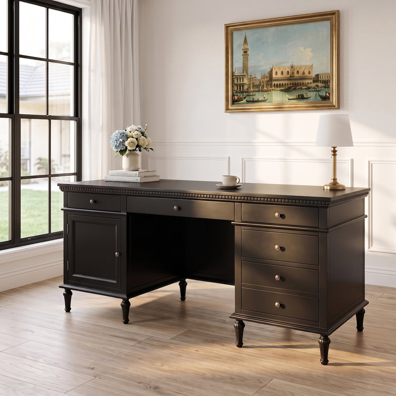 New England Hamptons Executive Desk with Dentil Moulding & Turned Legs – 6 Drawer 1 cupboard Pedestal Study Desk