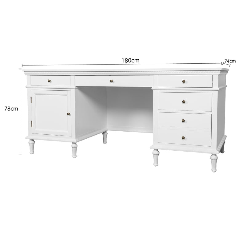 New England Hamptons Executive Desk with Dentil Moulding & Turned Legs – 6 Drawer 1 cupboard Pedestal Study Desk