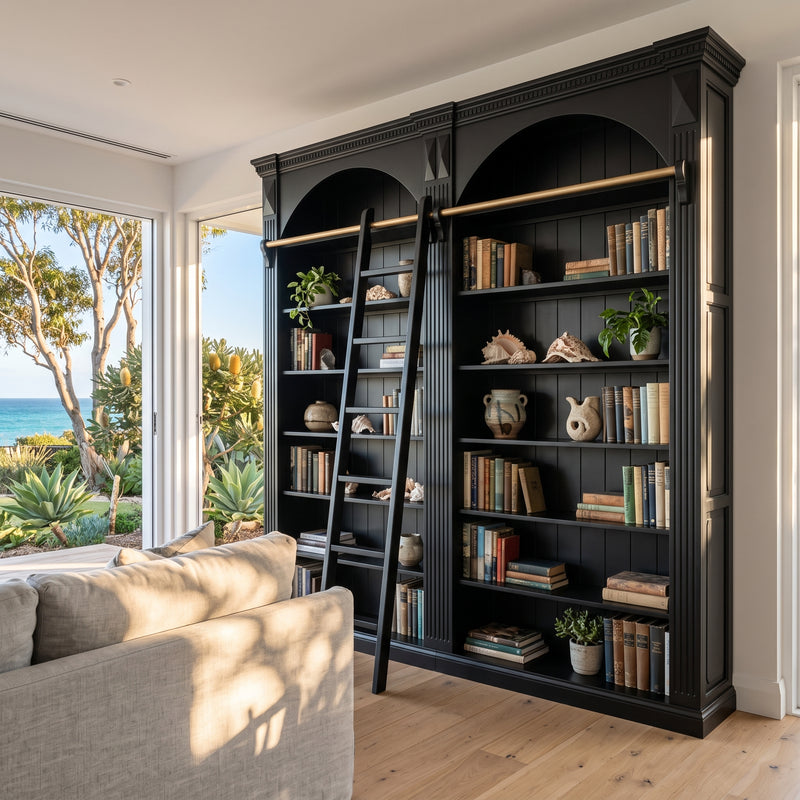 Hamptons Heritage Open Library Arched Extendable Bookshelf/Bookcase with Ladder 100cm - 300cm Wide