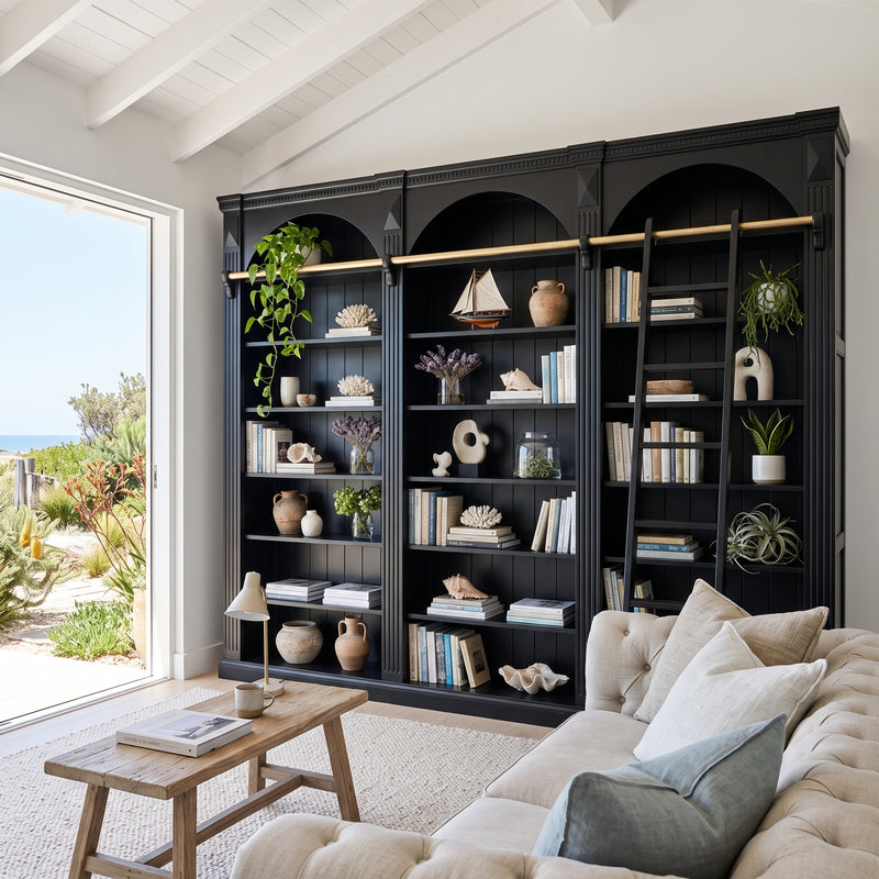 Hamptons Heritage Open Library Arched Extendable Bookshelf/Bookcase with Ladder 100cm - 300cm Wide