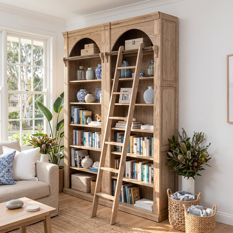 Hamptons Heritage Open Library Arched Extendable Bookshelf/Bookcase with Ladder 100cm - 300cm Wide