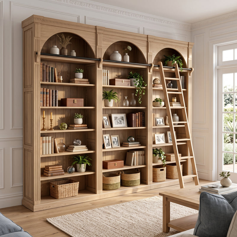 Hamptons Heritage Open Library Arched Extendable Bookshelf/Bookcase with Ladder 100cm - 300cm Wide