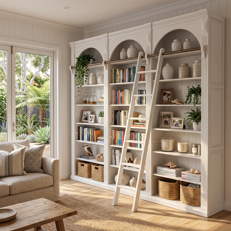 Hamptons Heritage Open Library Arched Extendable Bookshelf/Bookcase with Ladder 100cm - 300cm Wide