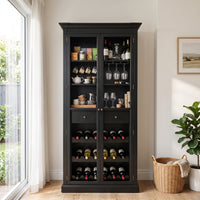 Hamptons Glass Door Display Wine Bar & Drink Cabinet with Storage, Wine Rack, Glass Holders & Pull-Out Trays 110cm Wide