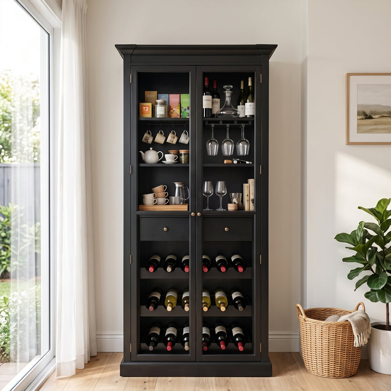 Hamptons Glass Door Display Wine Bar & Drink Cabinet with Storage, Wine Rack, Glass Holders & Pull-Out Trays 110cm Wide