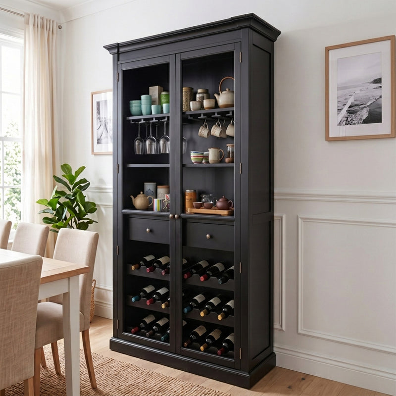 Hamptons Glass Door Display Wine Bar & Drink Cabinet with Storage, Wine Rack, Glass Holders & Pull-Out Trays 110cm Wide