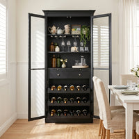 Hamptons Glass Door Display Wine Bar & Drink Cabinet with Storage, Wine Rack, Glass Holders & Pull-Out Trays 110cm Wide