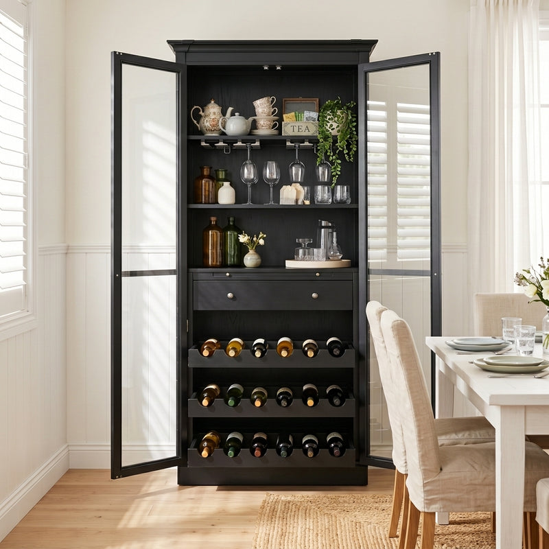 Hamptons Glass Door Display Wine Bar & Drink Cabinet with Storage, Wine Rack, Glass Holders & Pull-Out Trays 110cm Wide