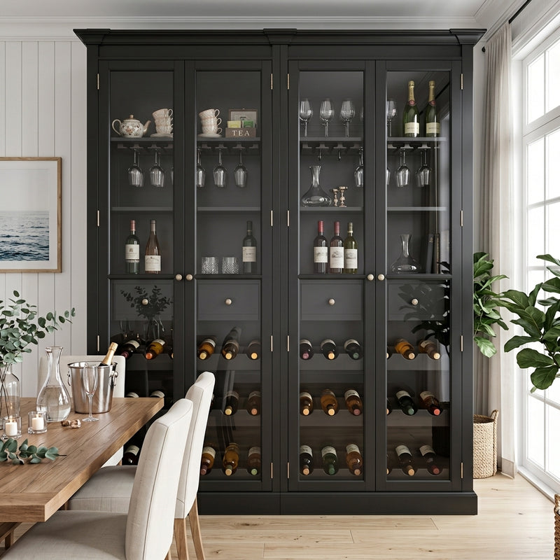 Hamptons Glass Door Display Wine Bar & Drink Cabinet with Storage, Wine Rack, Glass Holders & Pull-Out Trays 110cm Wide