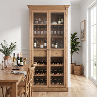 Hamptons Glass Door Display Wine Bar & Drink Cabinet with Storage, Wine Rack, Glass Holders & Pull-Out Trays 110cm Wide
