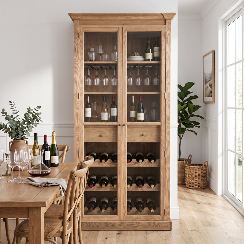 Hamptons Glass Door Display Wine Bar & Drink Cabinet with Storage, Wine Rack, Glass Holders & Pull-Out Trays 110cm Wide