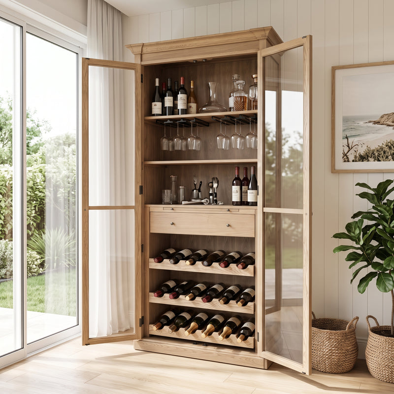 Hamptons Glass Door Display Wine Bar & Drink Cabinet with Storage, Wine Rack, Glass Holders & Pull-Out Trays 110cm Wide