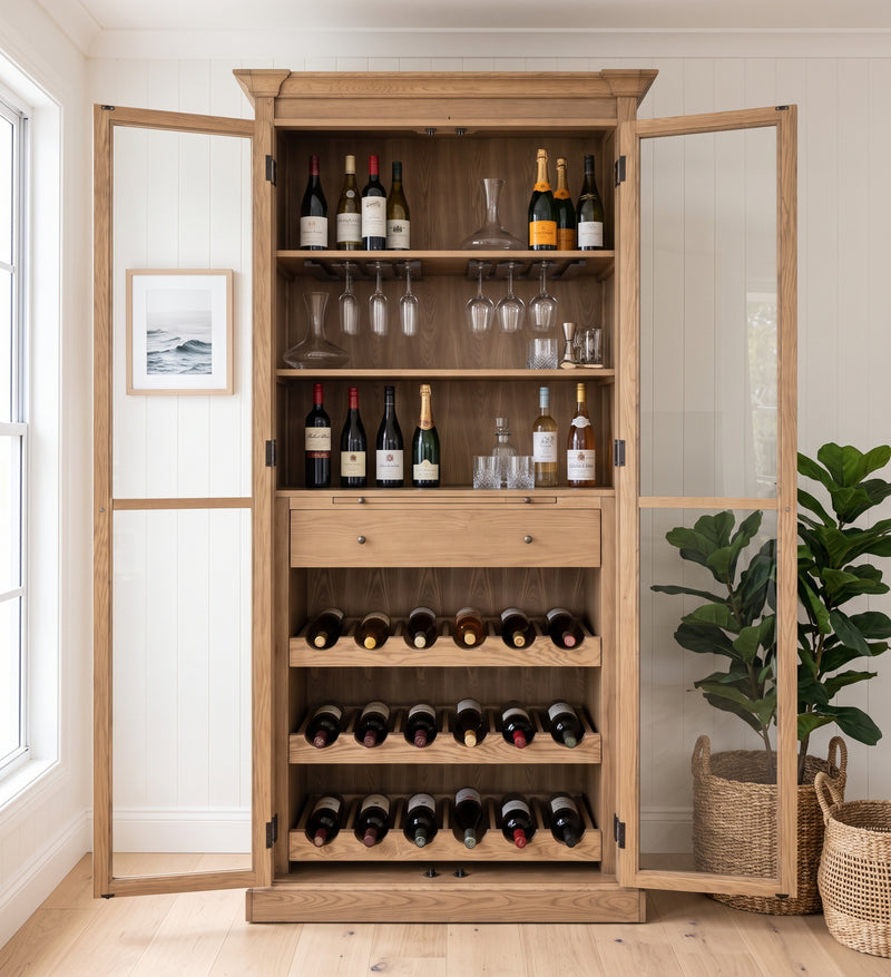 Hamptons Glass Door Display Wine Bar & Drink Cabinet with Storage, Wine Rack, Glass Holders & Pull-Out Trays 110cm Wide