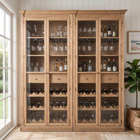 Hamptons Glass Door Display Wine Bar & Drink Cabinet with Storage, Wine Rack, Glass Holders & Pull-Out Trays 110cm Wide
