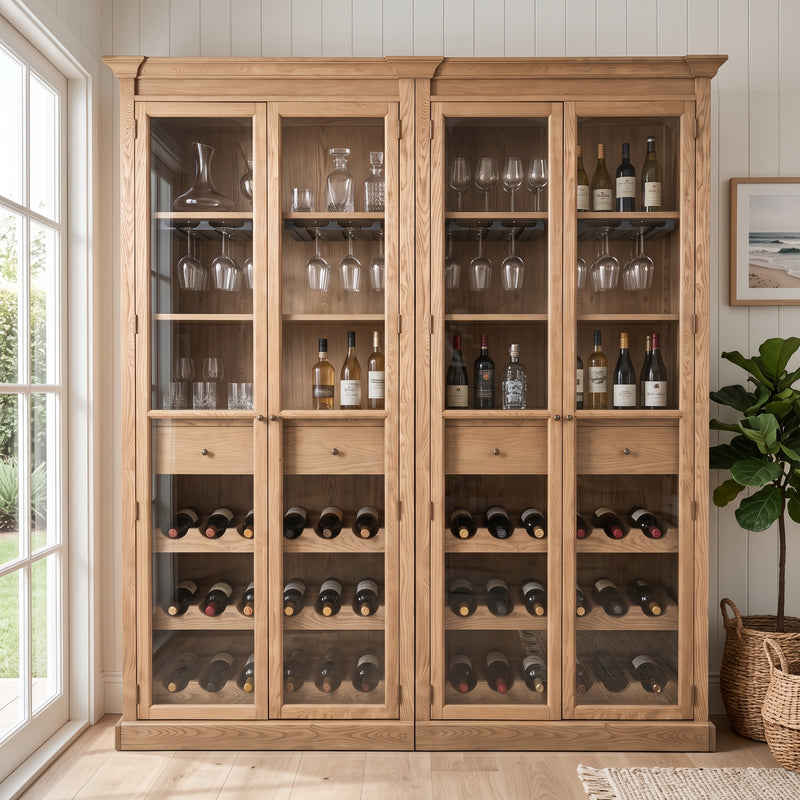 Hamptons Glass Door Display Wine Bar & Drink Cabinet with Storage, Wine Rack, Glass Holders & Pull-Out Trays 110cm Wide