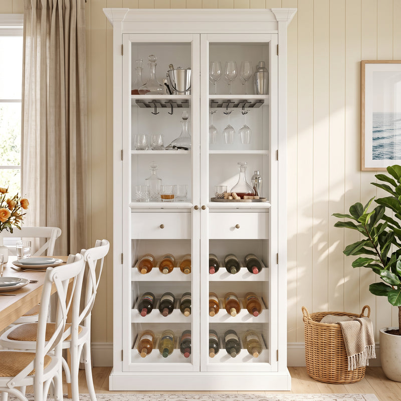Hamptons Glass Door Display Wine Bar & Drink Cabinet with Storage, Wine Rack, Glass Holders & Pull-Out Trays 110cm Wide
