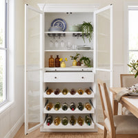 Hamptons Glass Door Display Wine Bar & Drink Cabinet with Storage, Wine Rack, Glass Holders & Pull-Out Trays 110cm Wide