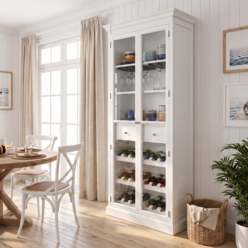 Hamptons Glass Door Display Wine Bar & Drink Cabinet with Storage, Wine Rack, Glass Holders & Pull-Out Trays 110cm Wide