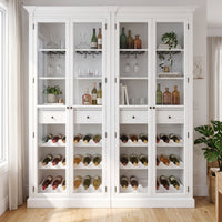 Hamptons Glass Door Display Wine Bar & Drink Cabinet with Storage, Wine Rack, Glass Holders & Pull-Out Trays 110cm Wide