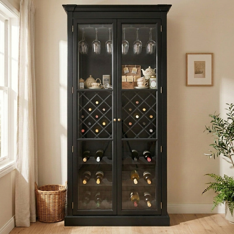 Hamptons Glass Door Display Wine Bar & Drink Cabinet with Storage, Lattice Wine Rack,Glass Holders & Bottle Trays 110cm Wide