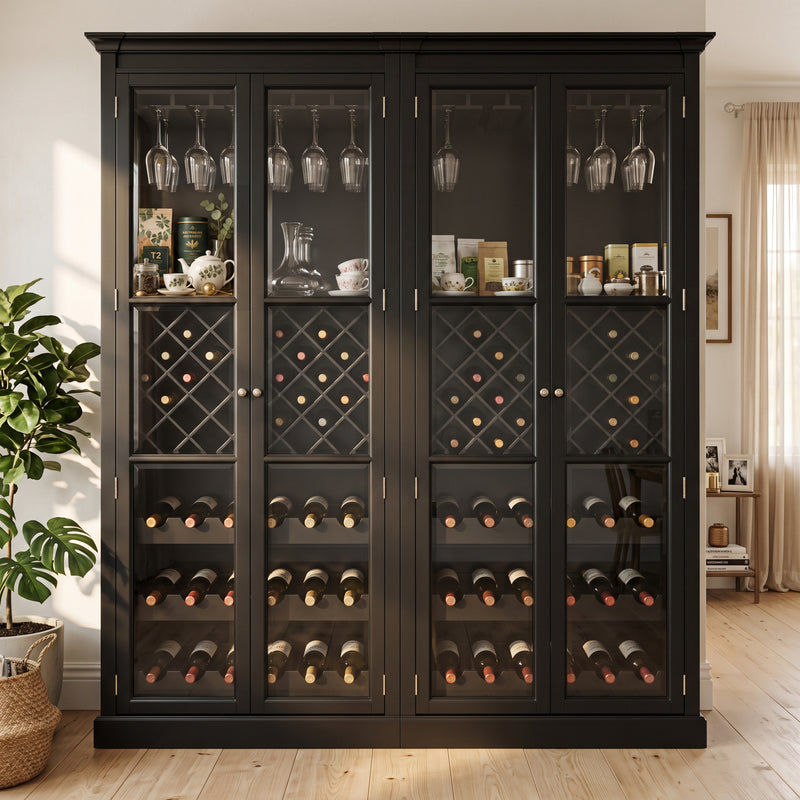 Hamptons Glass Door Display Wine Bar & Drink Cabinet with Storage, Lattice Wine Rack,Glass Holders & Bottle Trays 110cm Wide
