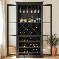 Hamptons Glass Door Display Wine Bar & Drink Cabinet with Storage, Lattice Wine Rack,Glass Holders & Bottle Trays 110cm Wide