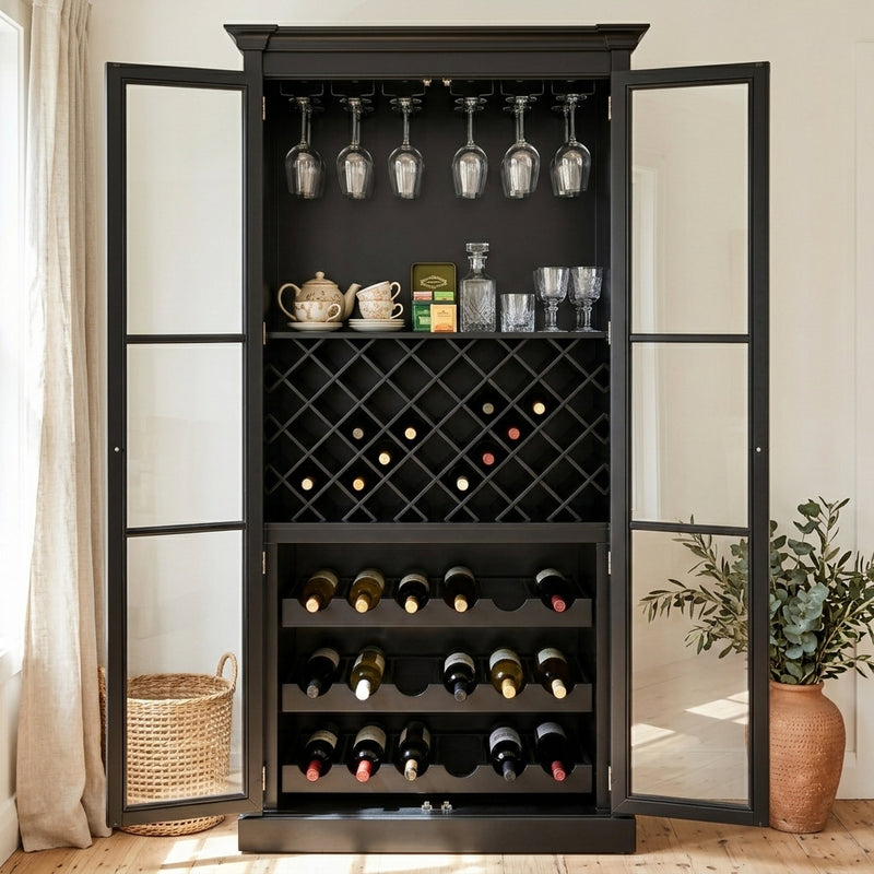 Hamptons Glass Door Display Wine Bar & Drink Cabinet with Storage, Lattice Wine Rack,Glass Holders & Bottle Trays 110cm Wide