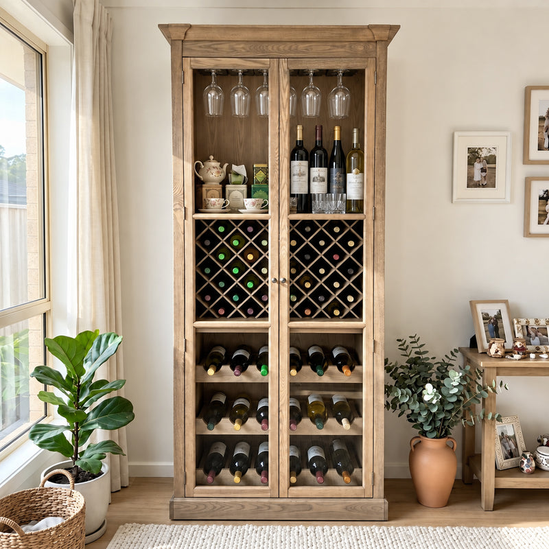 Hamptons Glass Door Display Wine Bar & Drink Cabinet with Storage, Lattice Wine Rack,Glass Holders & Bottle Trays 110cm Wide