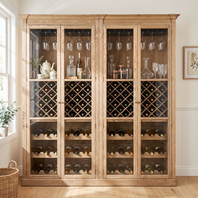 Hamptons Glass Door Display Wine Bar & Drink Cabinet with Storage, Lattice Wine Rack,Glass Holders & Bottle Trays 110cm Wide