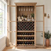 Hamptons Glass Door Display Wine Bar & Drink Cabinet with Storage, Lattice Wine Rack,Glass Holders & Bottle Trays 110cm Wide