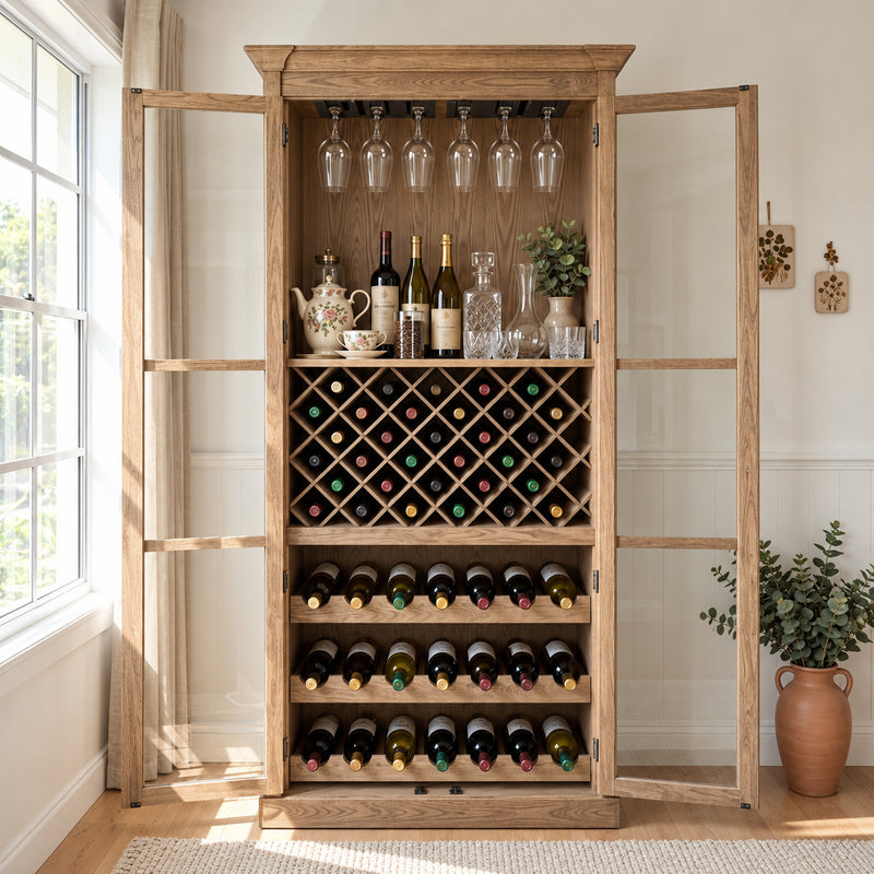 Hamptons Glass Door Display Wine Bar & Drink Cabinet with Storage, Lattice Wine Rack,Glass Holders & Bottle Trays 110cm Wide