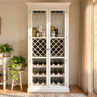 Hamptons Glass Door Display Wine Bar & Drink Cabinet with Storage, Lattice Wine Rack,Glass Holders & Bottle Trays 110cm Wide