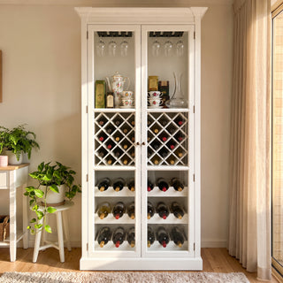 Hamptons Glass Door Display Wine Bar & Drink Cabinet with Storage, Lattice Wine Rack,Glass Holders & Bottle Trays 110cm Wide